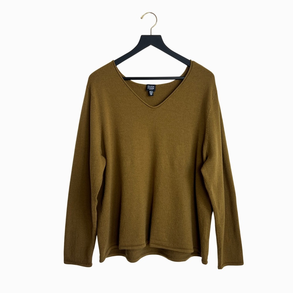 Eileen Fisher Woman Merino Wool Blend Olive Green V‎ Neck Lagenlook Sweater Top